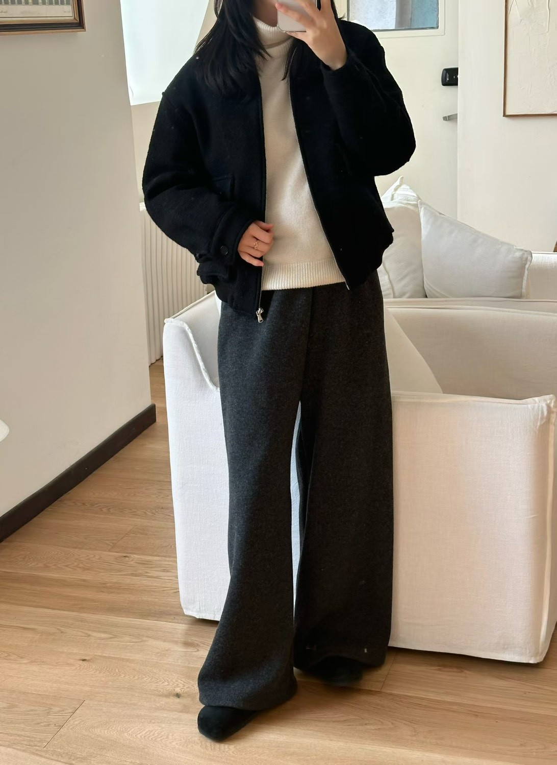 A40.慵懶鬆緊腰落地羊毛長褲