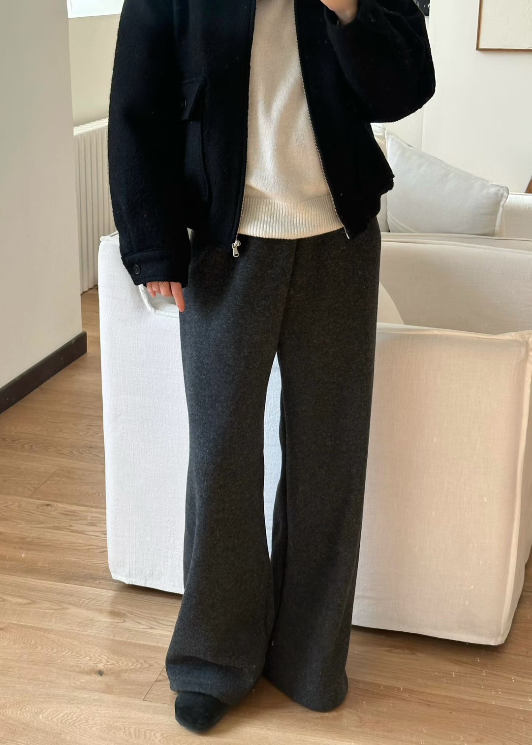 A40.慵懶鬆緊腰落地羊毛長褲