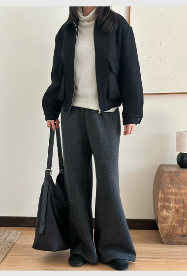 A40.慵懶鬆緊腰落地羊毛長褲