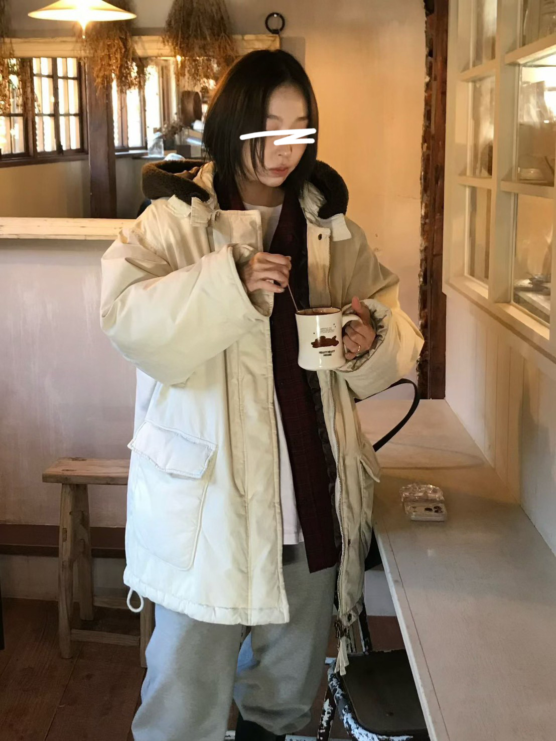 A13.小V家連帽毛毛滾邊鴨絨中長外套