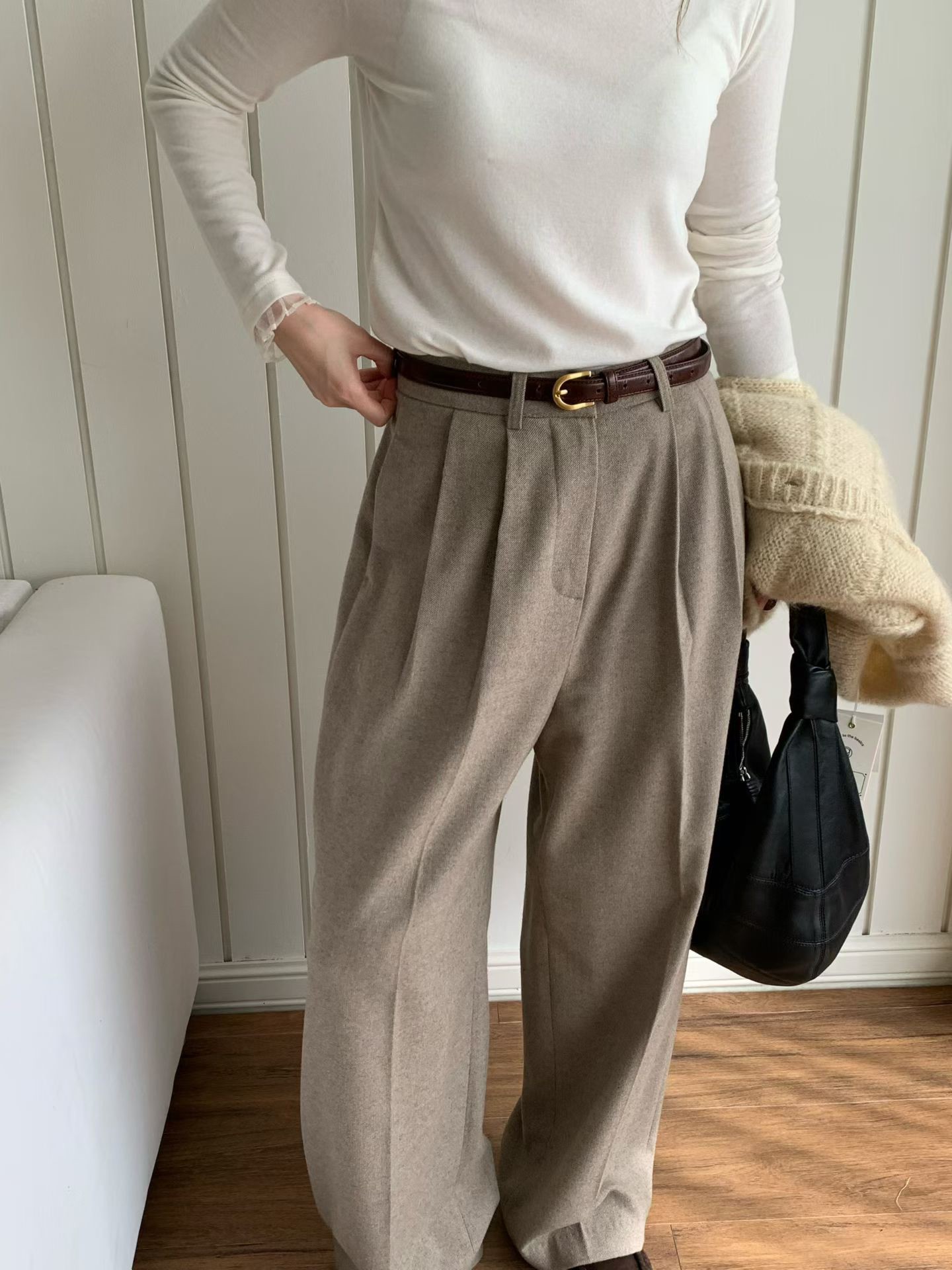 A67.大地色系壓摺羊毛西裝長褲