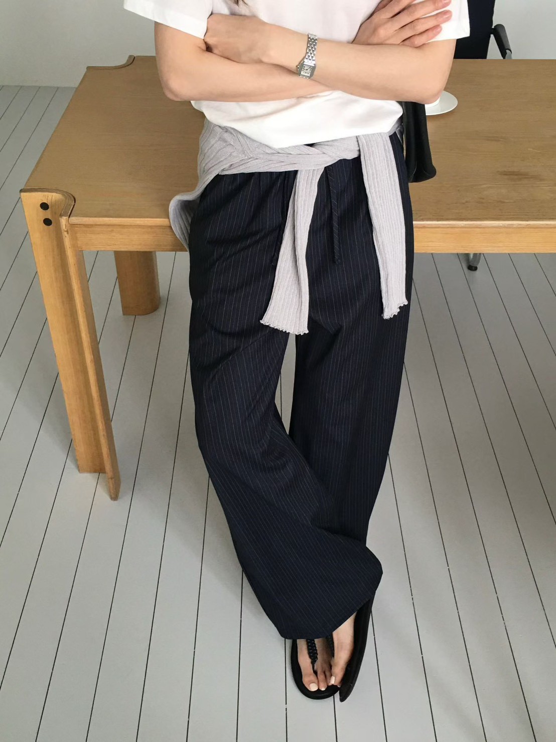 B25.綁帶直條紋西裝寬褲