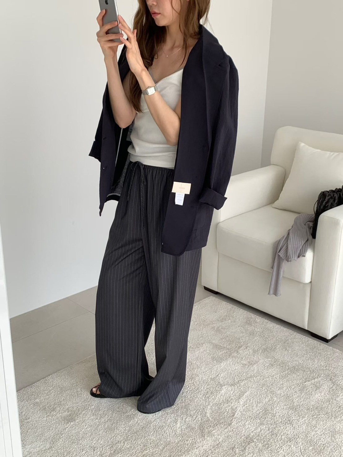 B25.綁帶直條紋西裝寬褲