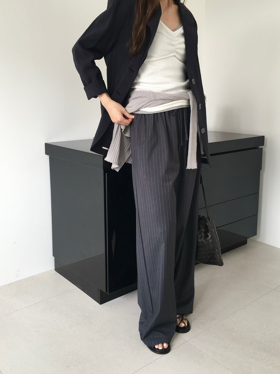 B25.綁帶直條紋西裝寬褲