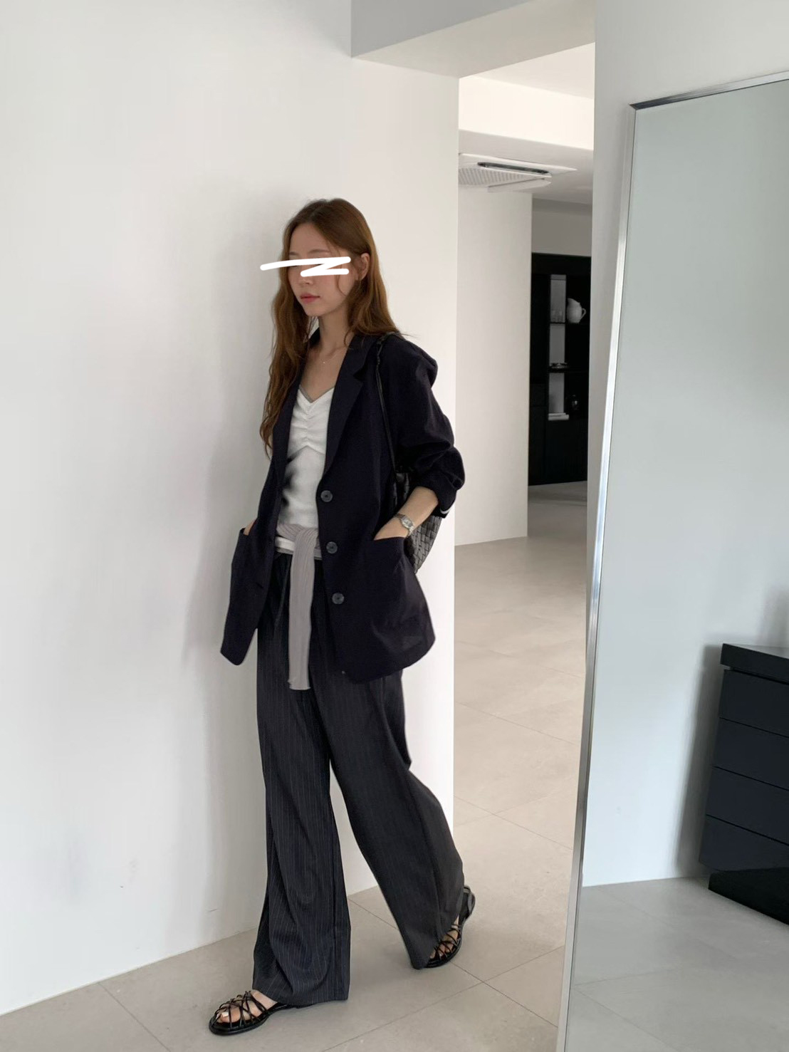 B25.綁帶直條紋西裝寬褲