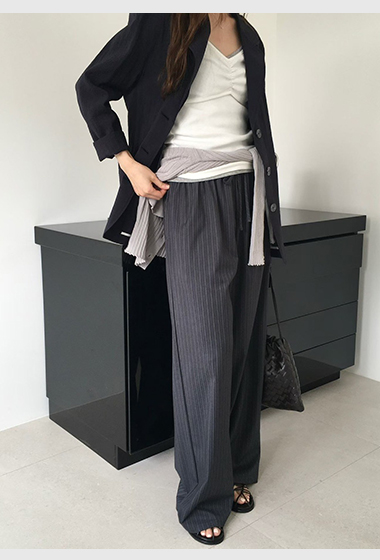 B25.綁帶直條紋西裝寬褲