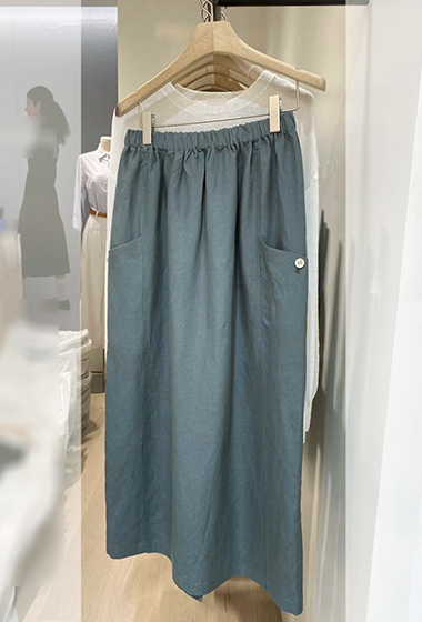 口袋紐釦亞麻混紡瘦瘦裙