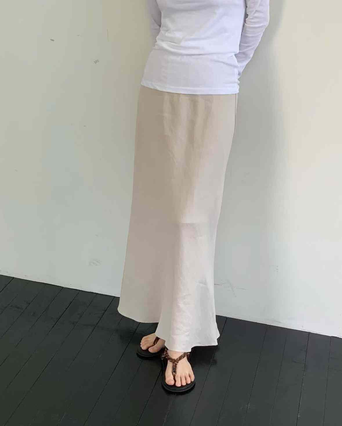 A107.夏日100%亞麻鬆緊腰長裙