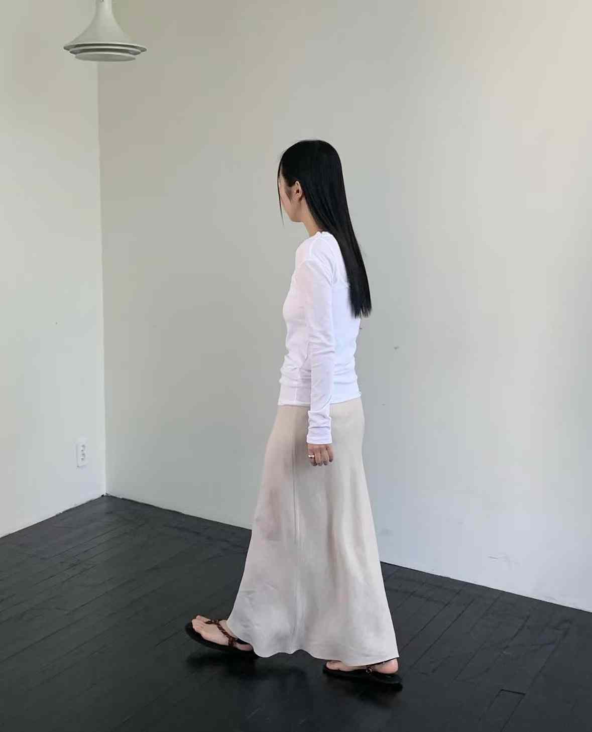 A107.夏日100%亞麻鬆緊腰長裙