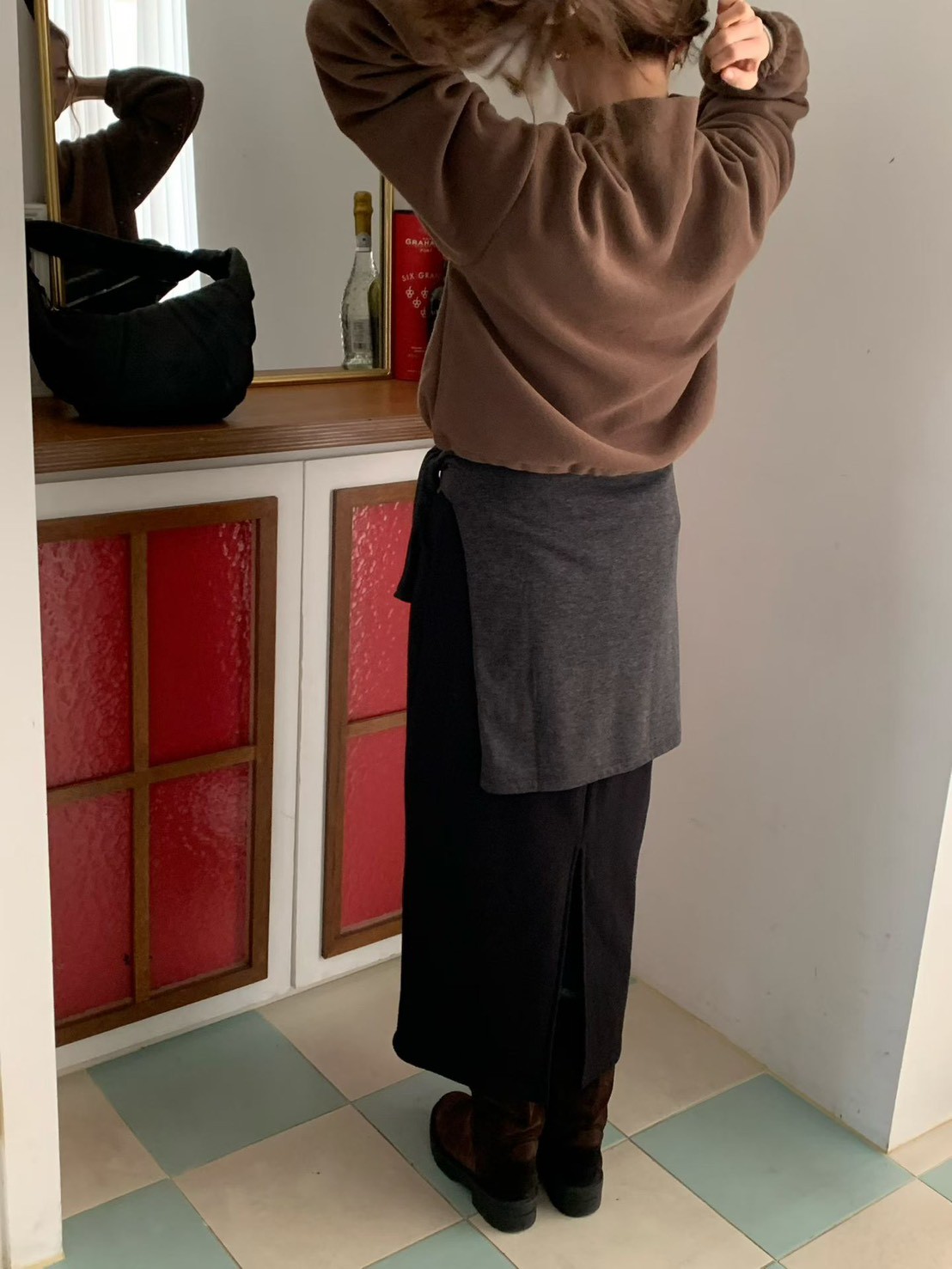 A63.輕鬆內磨毛後開衩休閒裙