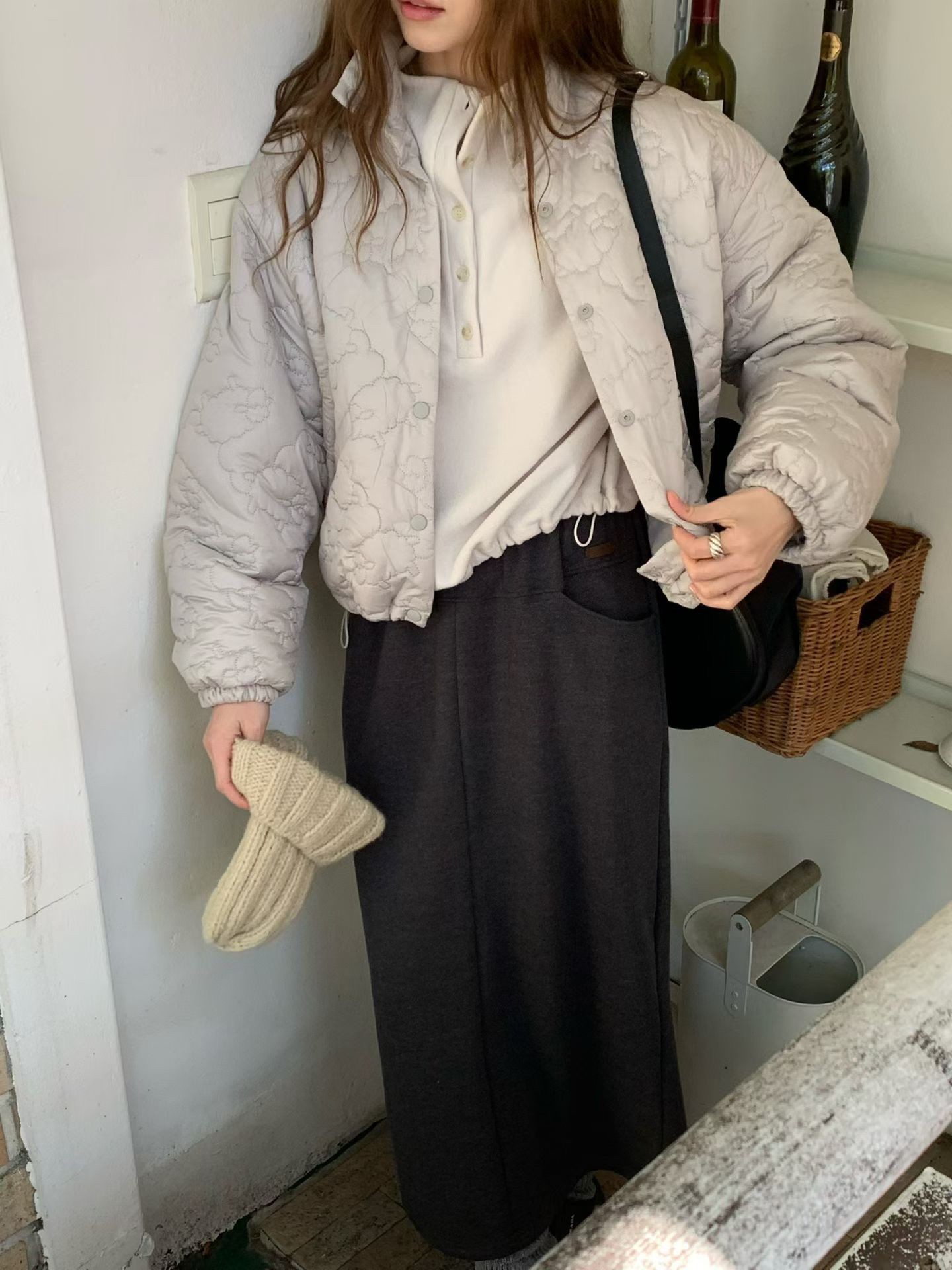 A63.輕鬆內磨毛後開衩休閒裙