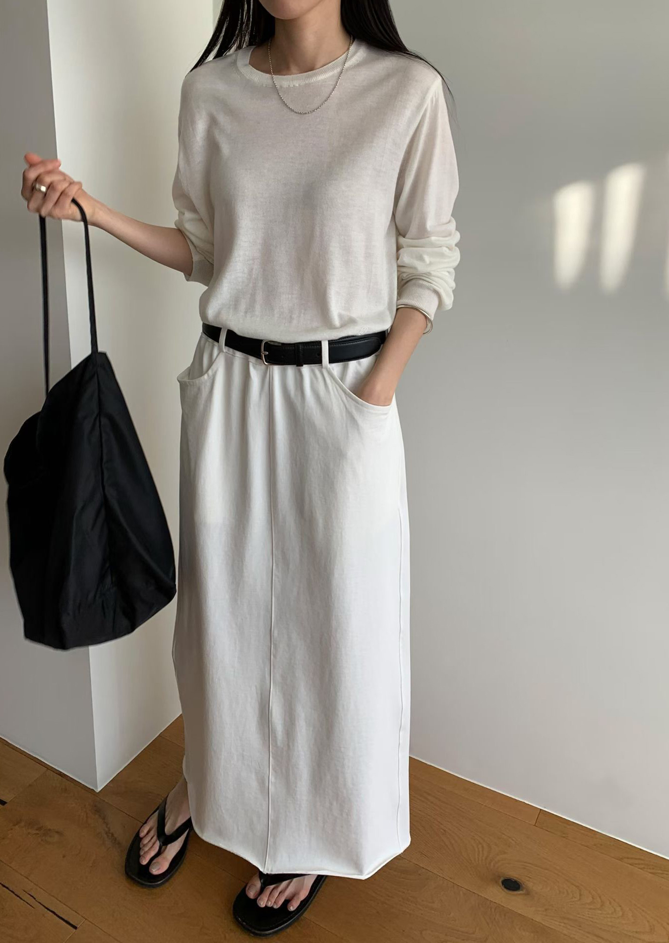 B56.灰階鬆緊腰長裙
