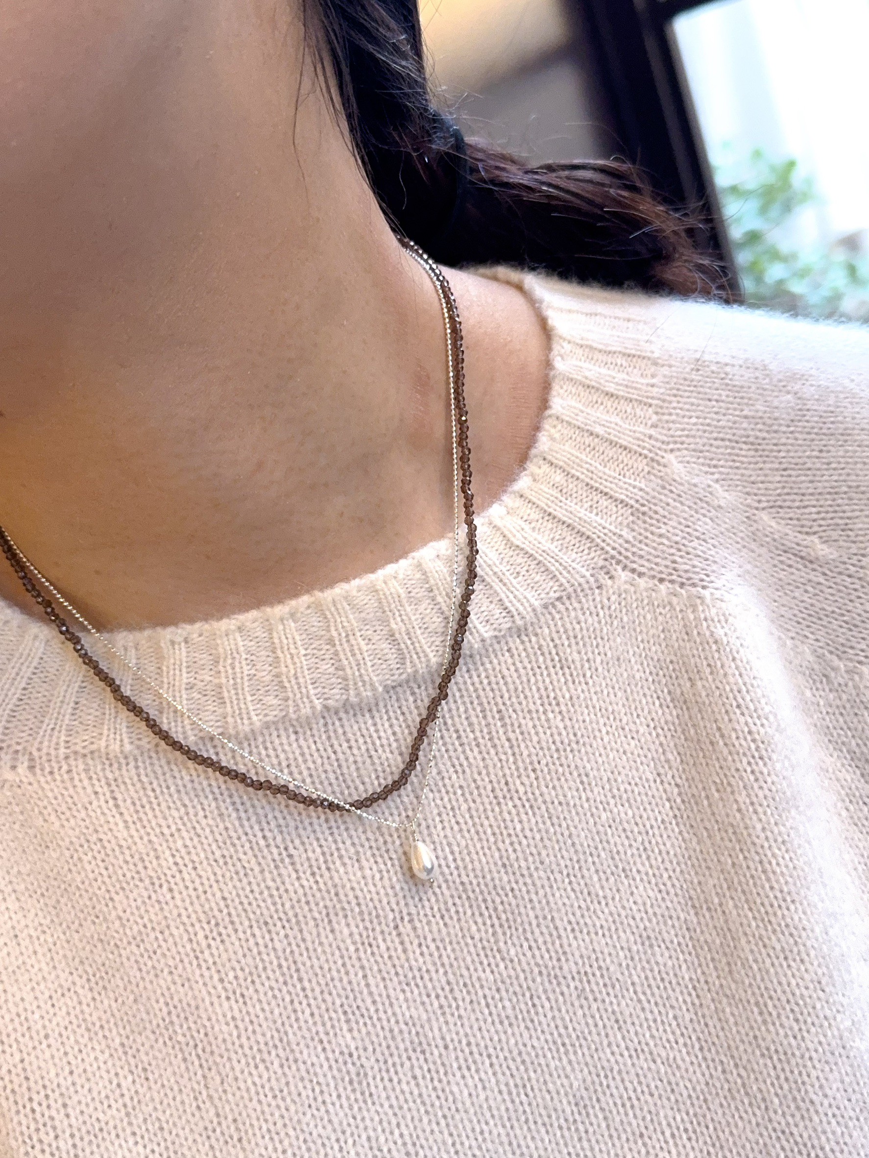 A39.925純銀假兩條水滴珍珠串珠項鍊