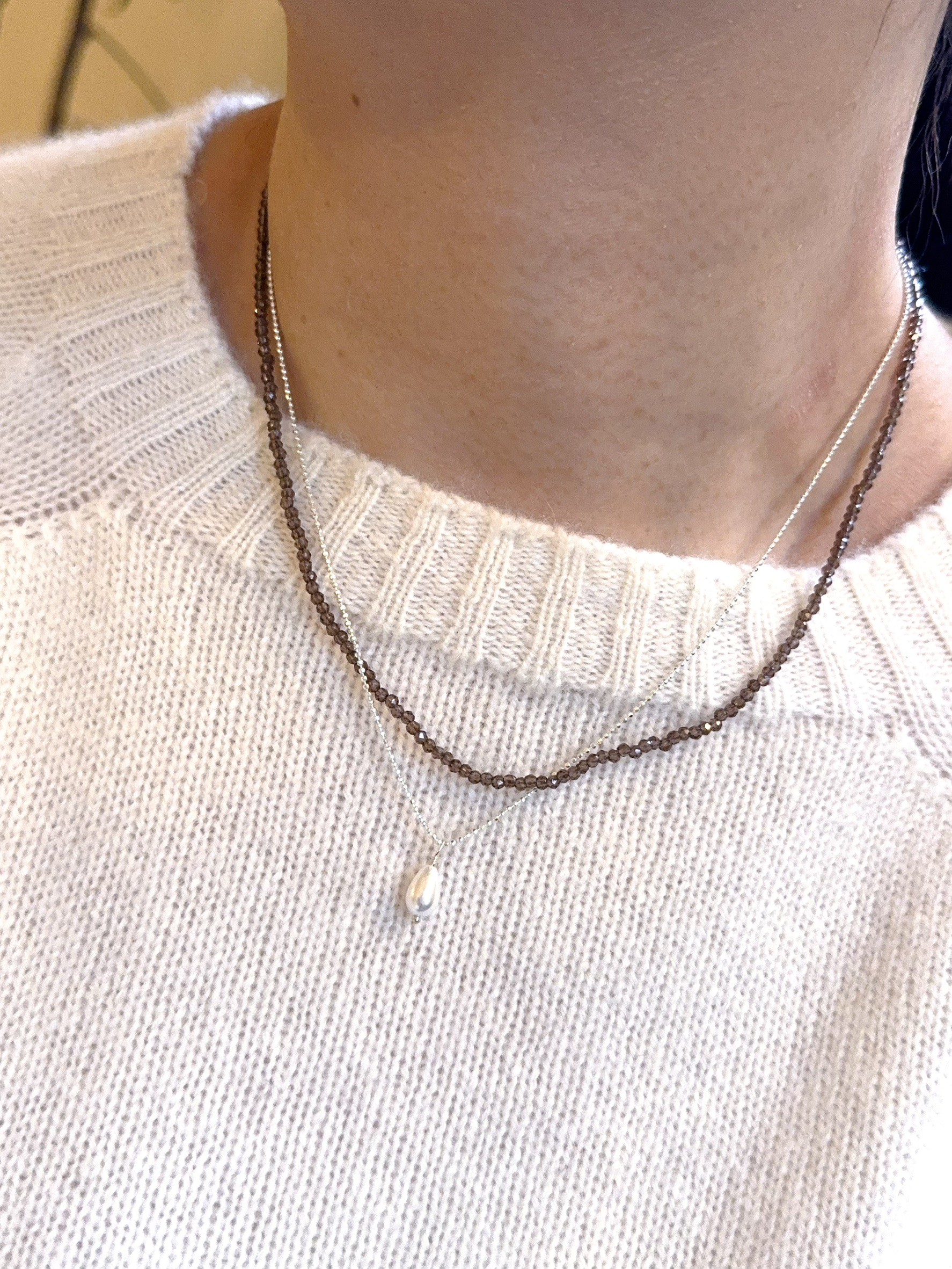 A39.925純銀假兩條水滴珍珠串珠項鍊