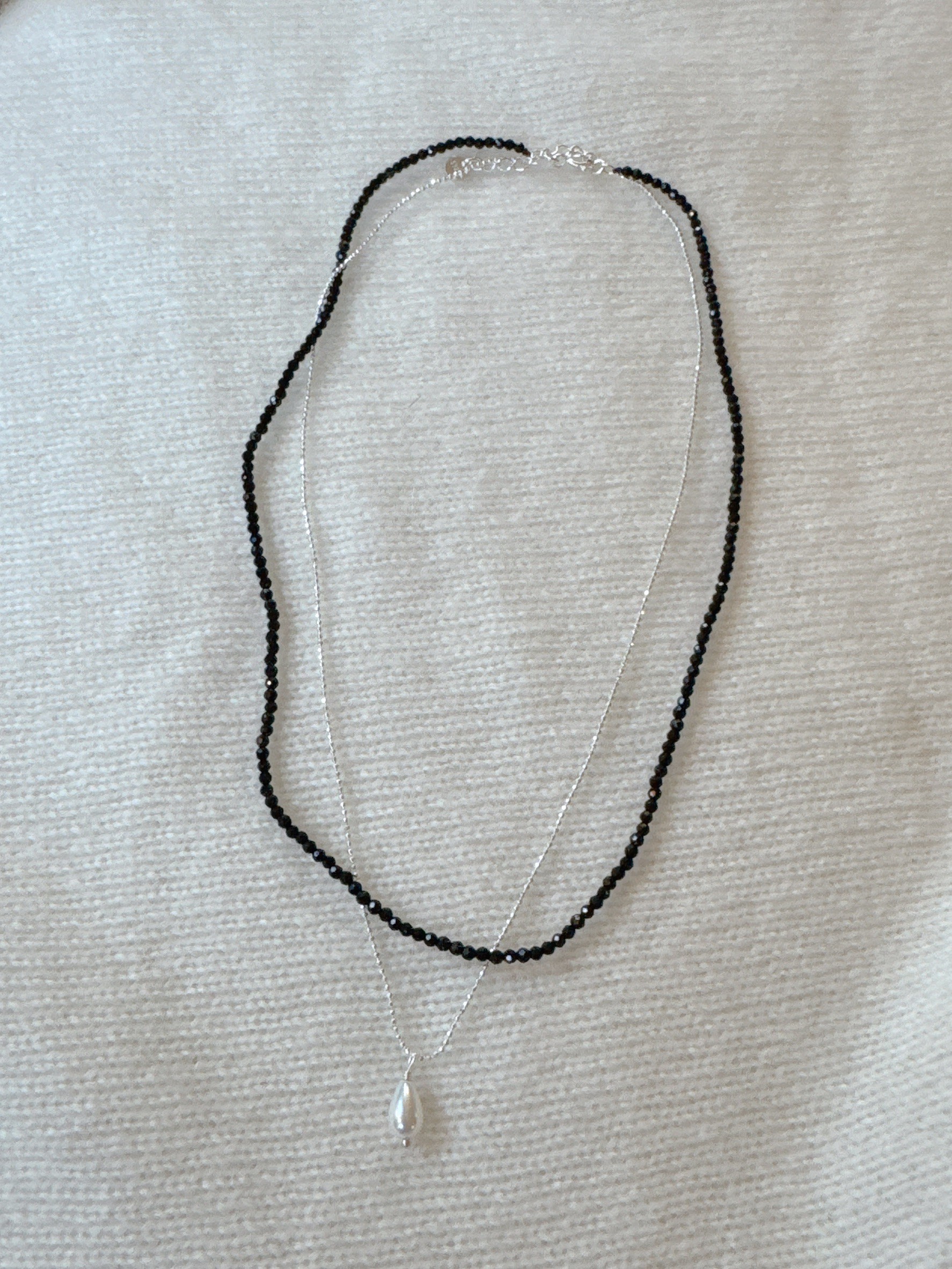 A39.925純銀假兩條水滴珍珠串珠項鍊