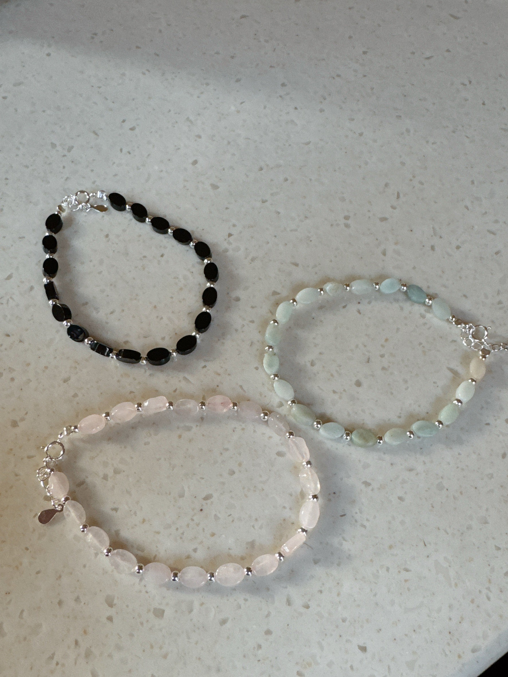 A32.925純銀橢圓天然石小銀珠手鍊