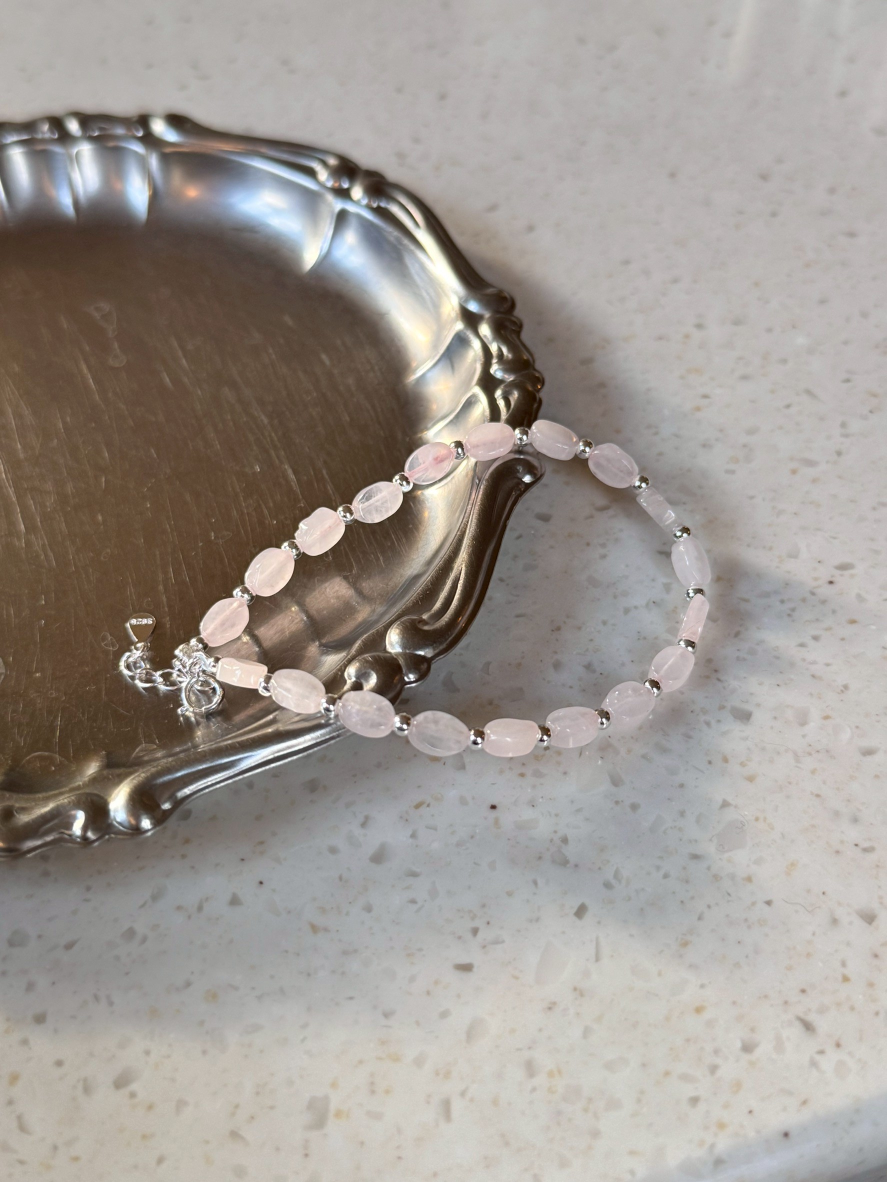 A32.925純銀橢圓天然石小銀珠手鍊