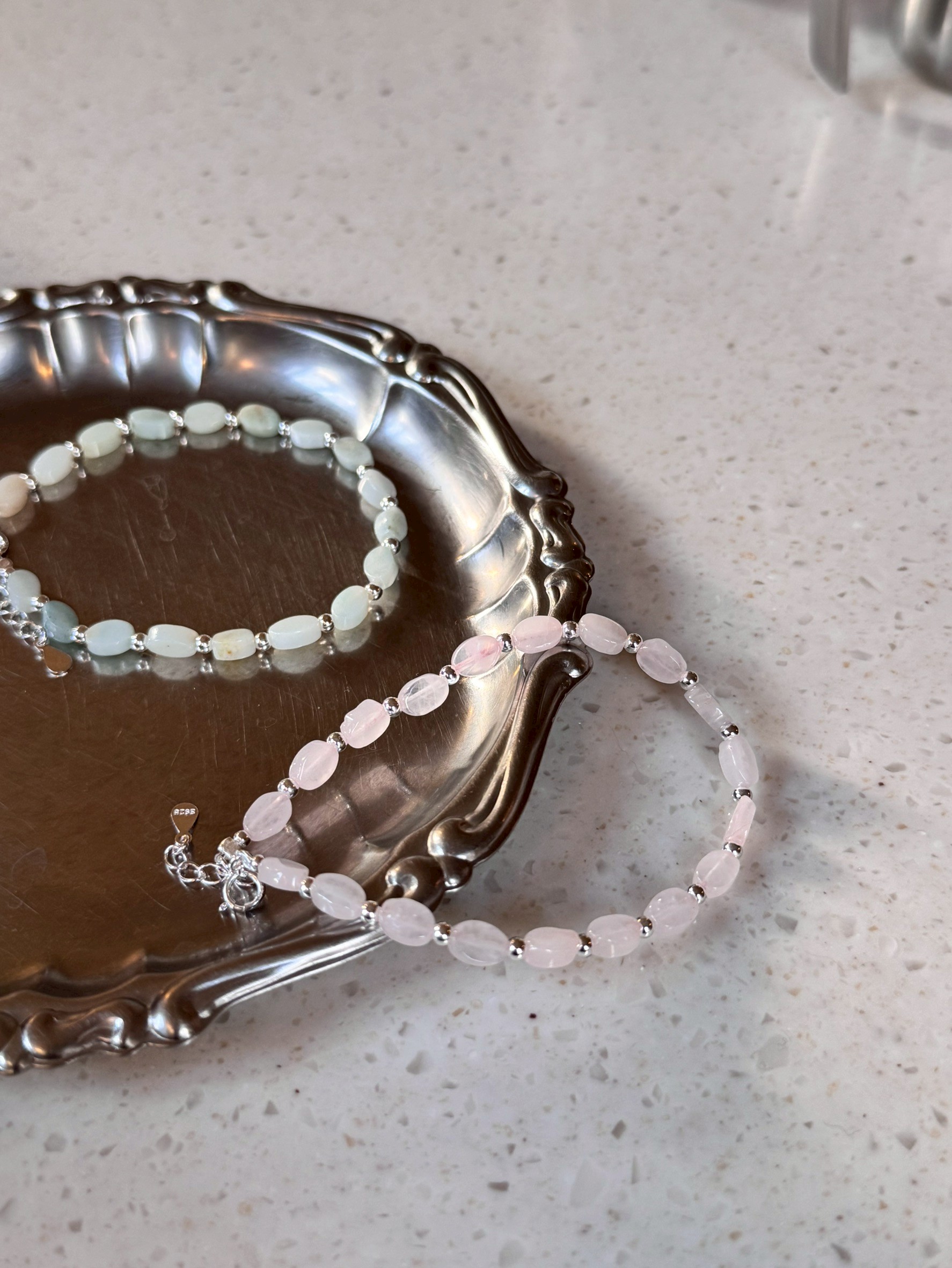 A32.925純銀橢圓天然石小銀珠手鍊