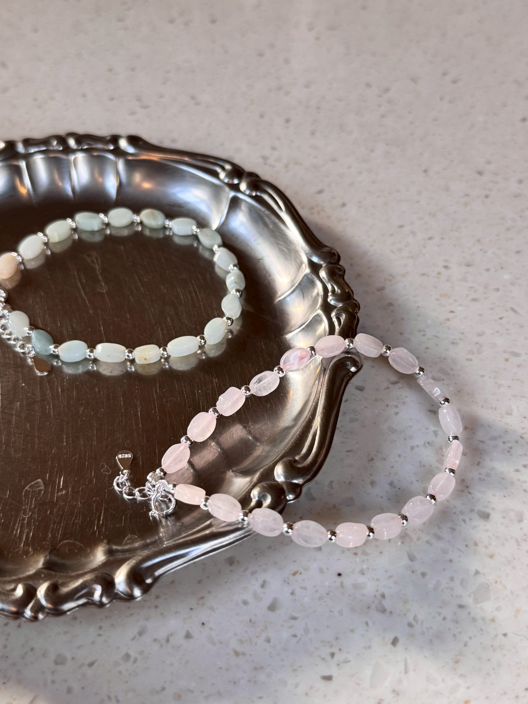 A32.925純銀橢圓天然石小銀珠手鍊