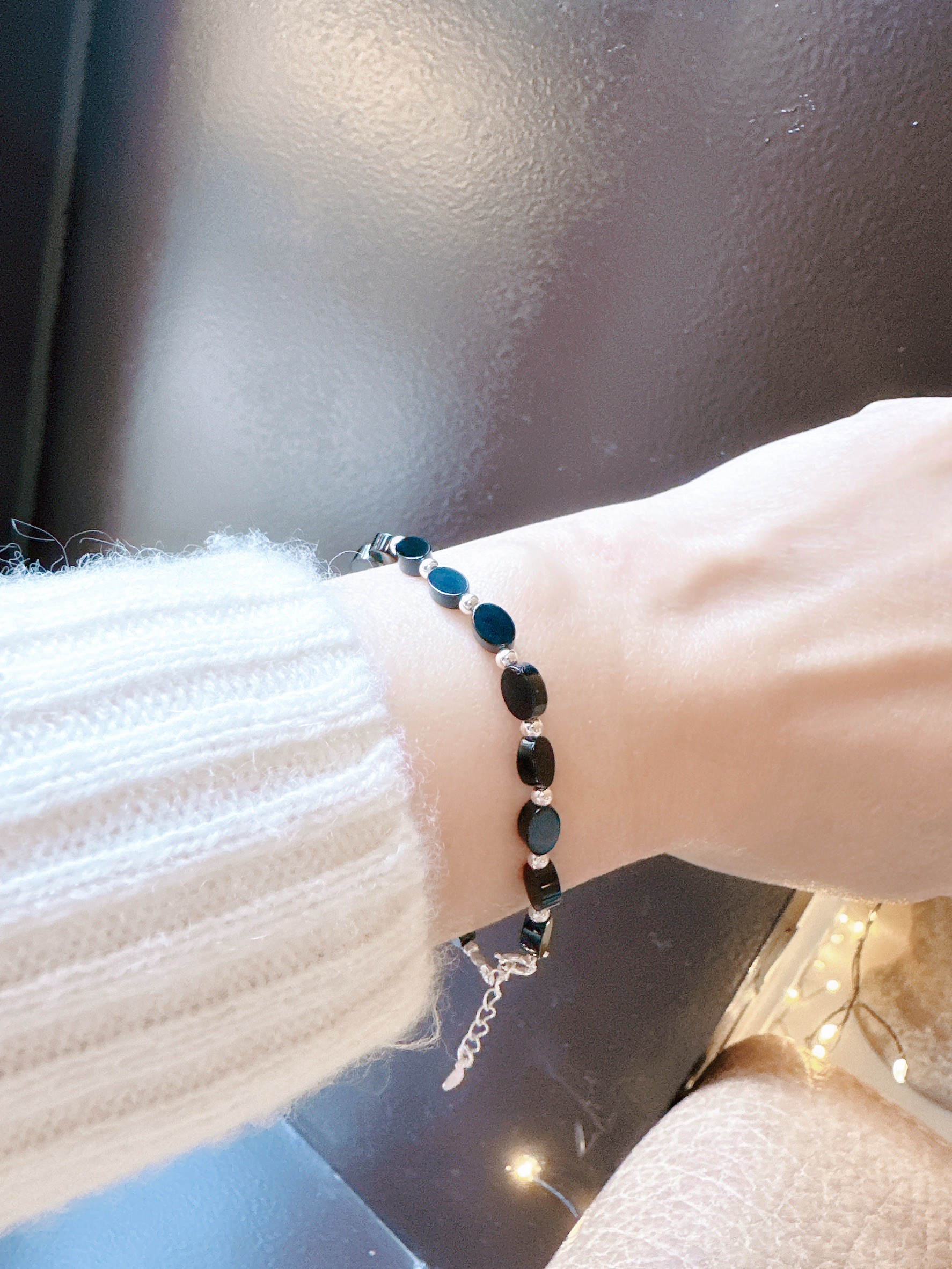 A32.925純銀橢圓天然石小銀珠手鍊