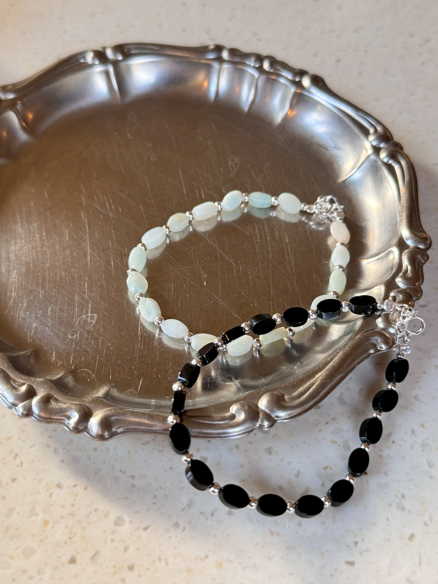 A32.925純銀橢圓天然石小銀珠手鍊