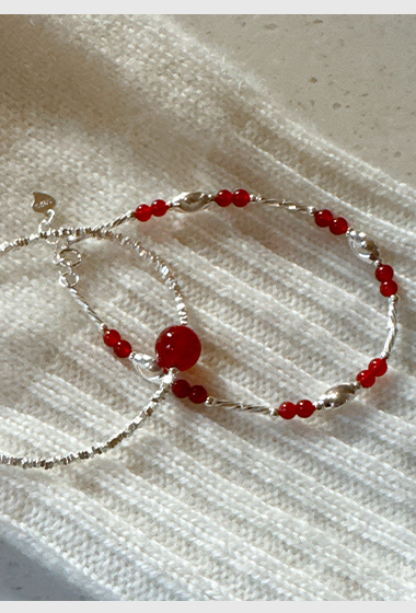 A27.925純銀雙珠紅瑪瑙銀珠手鍊