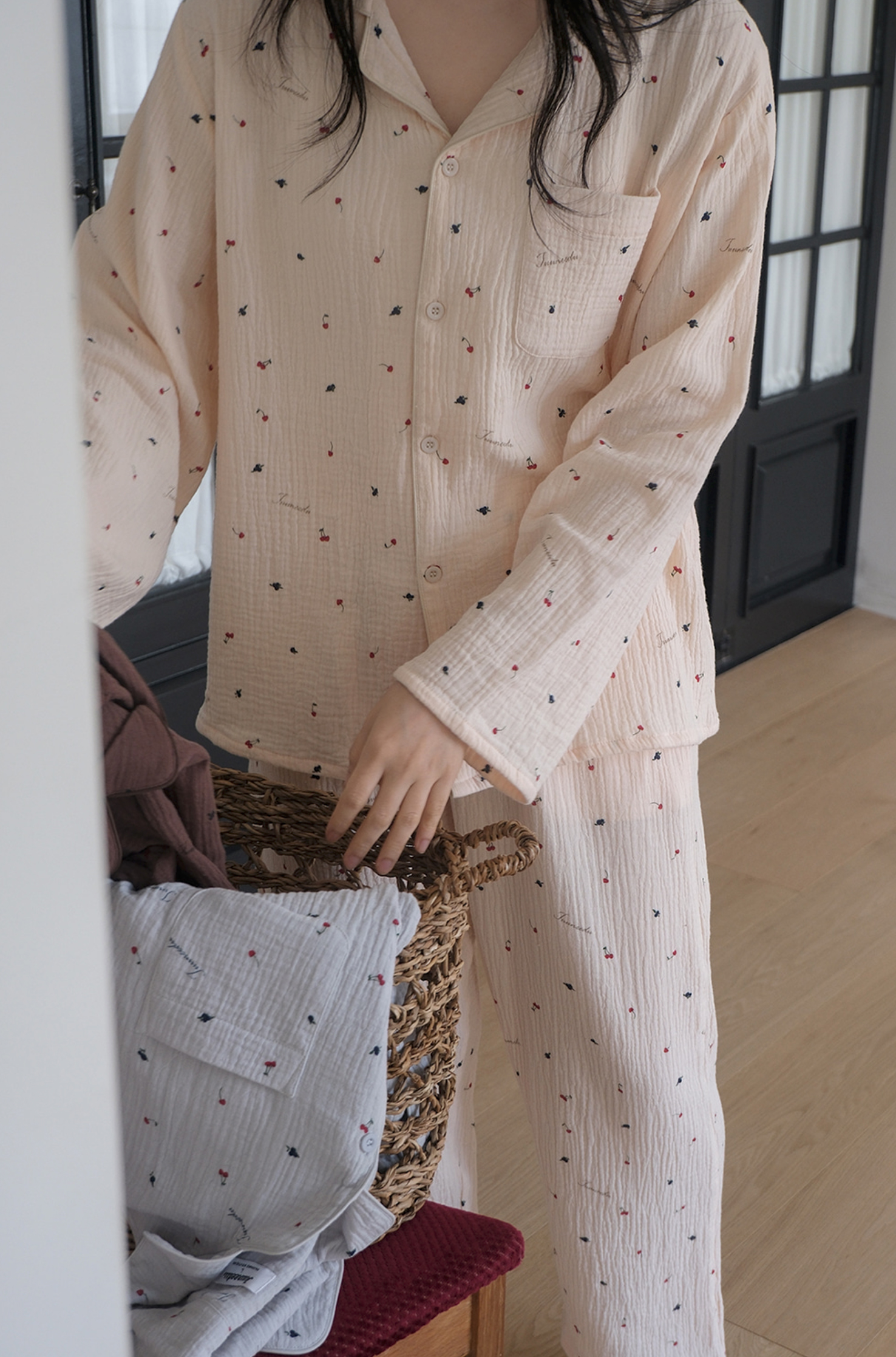 A01.小櫻桃紗布棉套裝(上衣+長褲)