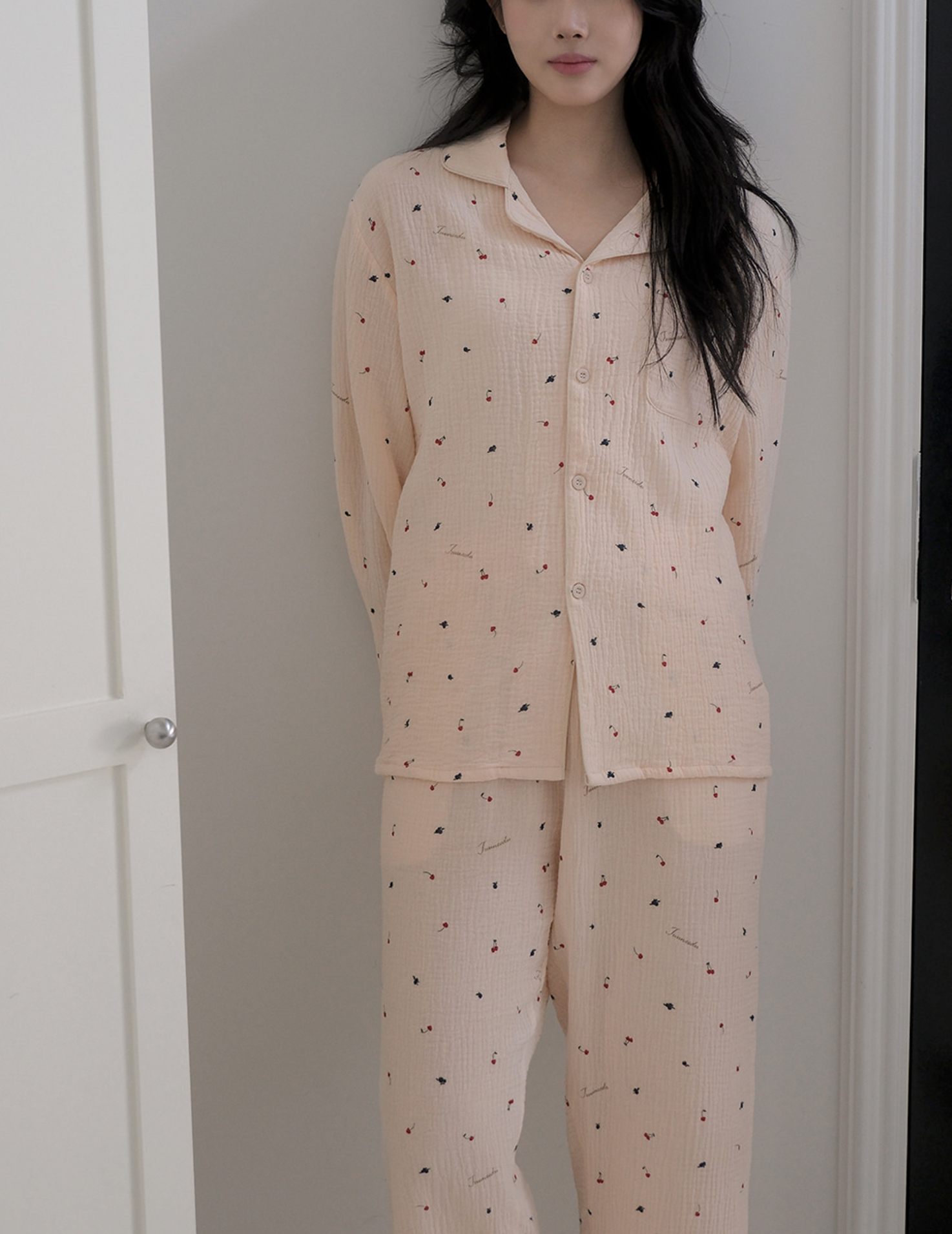 A01.小櫻桃紗布棉套裝(上衣+長褲)