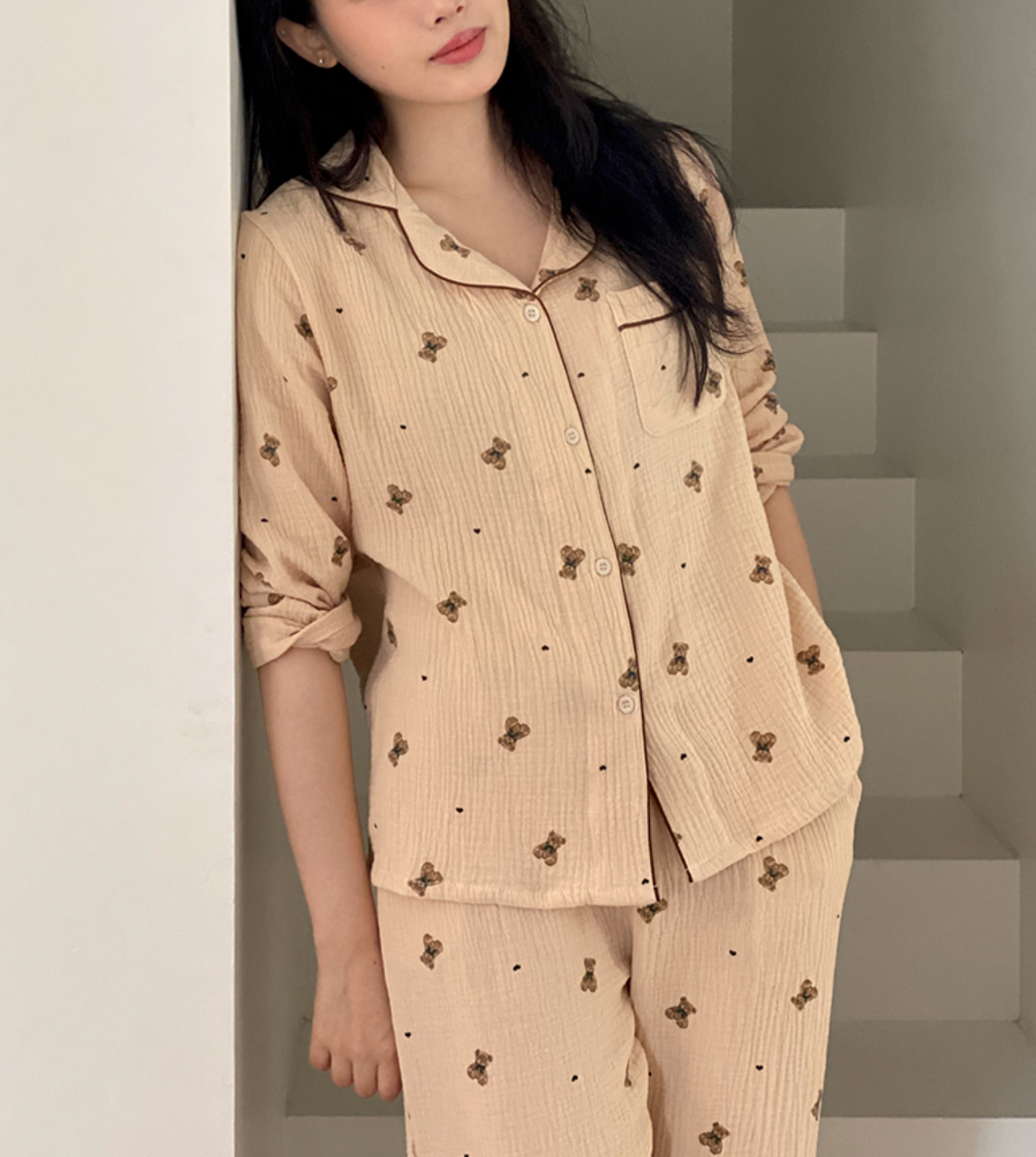 A02.熊熊紗布棉套裝(上衣+長褲)