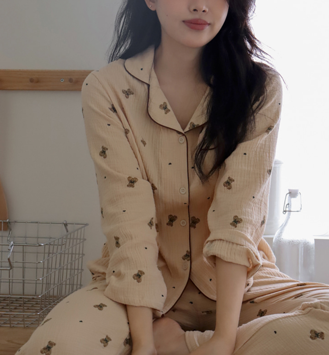 A02.熊熊紗布棉套裝(上衣+長褲)